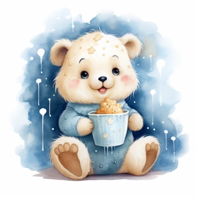 watercolor, watersplash, a cute baby polar bear eating honey, , wearing blue sweater, stars, clouds, magical and whimsical vibes clipart,hd, on white background