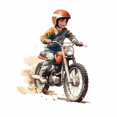 Vintage kids Dirt Bike with a kid riding it on dirt with helmet ,Watercolor,Clipart,Isolated, White background