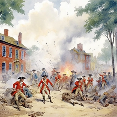 water color illustration,colorful Battles of Lexington and Concord, artistic clipart, high detail, vivid color, British soldiers vs Militia of Boston Massachusetts in 1775 (scene in action)