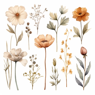 watercolor floral clipart, wildflower illustrations, isolated line for print, botanical poster, delicate, feminine, in the style of light beige, earthy tones, soft colors, vintage minimalism, naturecore, high resolution