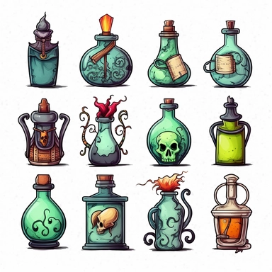 Witches inventory, flasks, illustrated clipart, minimalist, isolated white background, 8k