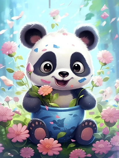 Clipart vector jpg, Let curious baby pandas accompany your little one, digital art by Lilia Alvarado and Thomas W. Schiller, clipart, 3D, 16K, background transparent, in the style of playful character designs, floral explosions, uhd image, pictorial space, smilecore, delicate flowers seed 5