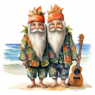 gnomes couple in Hawaii beach outfit, vibrant color, clipart, watercolor illustration, white background