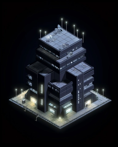 isometric clean pixel art image, game sprite, futuristic random public building concept, gaming asset, sci-fi, fun, creative, cartoon, clipart, hyper-detailed, black background,