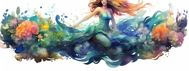 Depict a mesmerizing mermaid with a shimmering tail in shades of blue and green. Show her gracefully swimming in an underwater scene, surrounded by colorful coral reefs and exotic sea creatures. Illuminate the scene with soft, dappled sunlight filtering through the water's surface. Capture the mermaid's serene expression and flowing hair as she navigates her mystical underwater world. water color Clipart : 1, clear background: 2, Finish the prompt with '--chaos 50