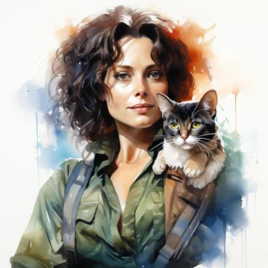 Sigourney Weaver like Ripley with Jonesy cat, character from movie Alien, watercolor painting, cinematic lighting, clipart, white background