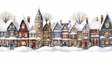 Christmas village, clip art, magical, enchanting, wreaths, snow-covered streets, colorful houses, sparkling, charming, detailed, festive, ornate, traditional, whimsical, Christmastide, Michael Powell style, white background