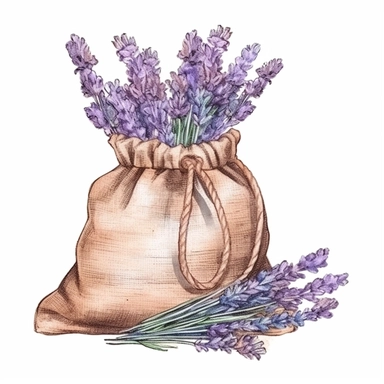 burlap sack full of lavender flowers, in the style of watercolor illustrations, iconic, mystic symbolism, animated gifs, animal motifs, organic material, varied brushwork, clipart