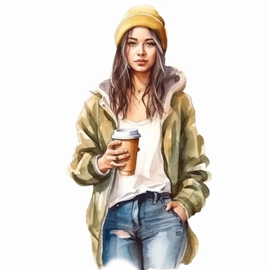 watercolor style, a beautiful girl in casual clothes holding a paper cup of coffee, realistic colors, realistic image. Clipart, isolated on white background, 4K