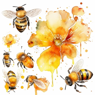 Watercolor Honeybee Clipart Bundle.Everything is full of colourful flowers with green,red,yellow.Summer Clipart. Watercolor flower digital Graphics. Honey Bees, Honey Jar, Honey Drips.watercolor honey bee Clipart. Spring Garden honey dripping from honeycomb. Fantasy,white background. Black and white ink. solution HD : : ultrarealistic,Leica M6 camera with a Leica 50mm f/2 Summicron lens Fujifilm Pro 400H, set the ISO to 400, shutter speed to 1/125, and aperture to f/2.0, colored film,1/1000.The 