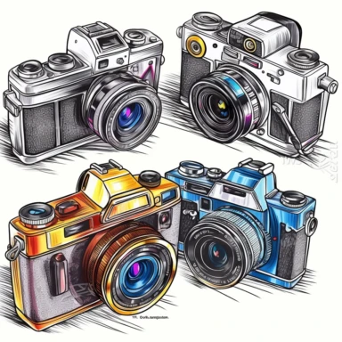 clipart collection of a set of four digital camera ,highly detailed, crisp sharp lines , istock, clip-art, ,, 2070s, steel, , how-to, , harmony of, marker”, , 4, instrument, ultimate, 5, movies, three - dimensional , high quality vector svg white background , organised in rows spaces gap orderly