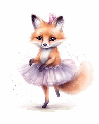 cute baby fox dressed up as a ballerina, twirling on her tippy toes in a tutu, watercolor clipart, hd, isolated on white background, spaced out
