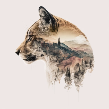 double exposure shot, profile of a Cougar head filled with mountains forest landscape,white gray tawny black fur, character design, half realisitic with intricate details half geometric, clipart isolated on white background