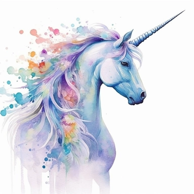 Craft a beautiful side - view illustration of a full body unicorn, employing a vibrant watercolor style. Medium: Render the image in a watercolor painting style, channeling the expressive, free - flowing techniques of artists like Mary Whyte. Style: The unicorn should appear graceful and dreamy, its side profile showcasing the gentle curve of its neck, the sweep of its mane, and the spiraling elegance of its horn. Lighting: Use the soft, diffused light of a fairytale dusk, casting subtle shadows