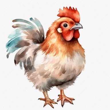 Light Watercolor Cute Chicken, Clipart, White Background, Isolated, Outlined