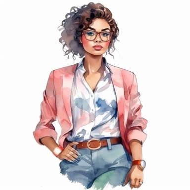 watercolor style, african american lady boss in fashion chic clothes, perfect look, classic colors, expressing self-confidence and empowerment. clipart, isolated on white background, hd