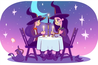 Cute Wizard on a magical candlelight dinner date with Cute Witch Clipart, on white background, spaced out, RGB, Romantic, Wizardcore, Witchcore, Multiverse, Ultra HD, hyperdetailled