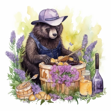 hand drawn black bear that is wearing a beekeeper outfit, smoking the beehive and honey and honeycomb is in crates, bumblebees, purple flowers and grass, very detailed, very realistic, watercolor, clipart style