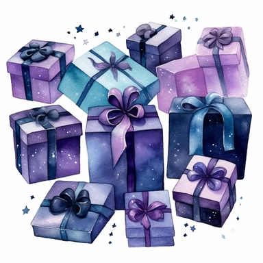 This watercolor Clipart of eleven gift boxes by Thomas W. Schallerof features a galactic design with shades of purple, blue, and black. The box is rectangular in shape and tied with a black ribbon and a small star charm.