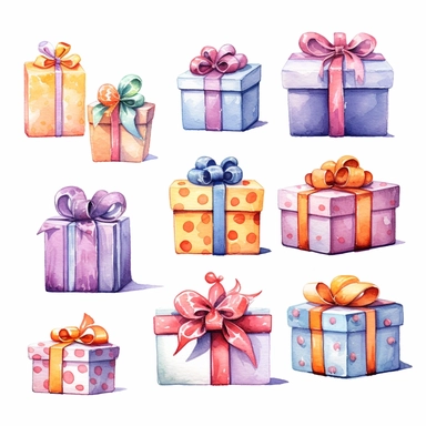 clipart, white background, watercolour, 2d illustration, no shadow, Design a selection of beautifully wrapped gift boxes and presents in different shapes and sizes.