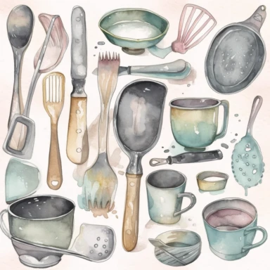 Create a watercolor clipart set of kitchen utensils and tools, including knives, spatulas, ladles, and measuring cups. Use pastel colors and subtle shading to give the images a soft, elegant look, white background