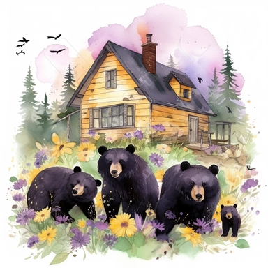hand drawn family of black bears, wearing clothes in shades of yellow and purple, at a cabin in the woods, bumblebees, purple flowers and grass, very detailed, very realistic, watercolor, clipart style
