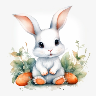 Watercolor: cute baby big eye rabbit happy cubby white bunny surrounded by carrots. png Full body realistic cartoon 32k UHD cute. 15cm thick outline. Black color. No shadow on the ground. with illustrations realistic water color and detailed illustrations. Cartoon, PNG clipart, transparent white background
