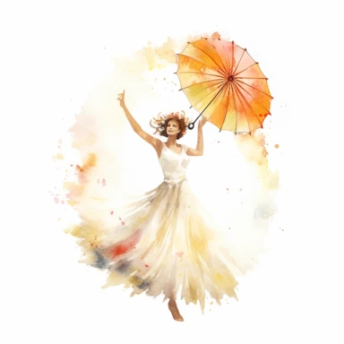 playful BRIDE, holding a parasol and twirling under the summer sun, radiating beauty and joy, watercolor, Pixar style, Clipart on a white background