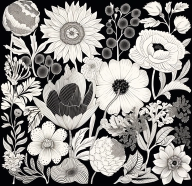 black and white floral clipart i love flower, in the style of paula scher, distinct framing, mikhail vrubel, japonisme, naturalistic shadows, lucy grossmith, japanese-inspired motifs