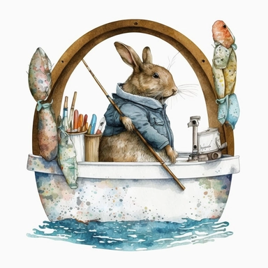 clipart design of watercolor bunny go fishing in a boat, contrasting to the white background