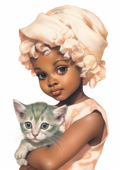 a cute retro vintage African infant baby girl with a kitten . Color pencil sketch, soft baby colors, on a white background for clipart.