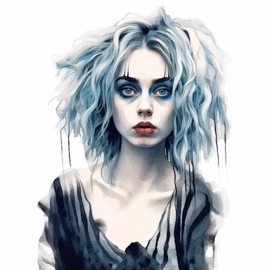 Beautiful pretty young woman tim Burton films style, paint art style, detail, clipart, white background, superrealistic, one of a kind