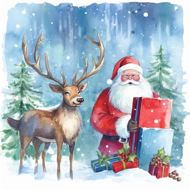 Clipart on blue backgraund red Santa Claus with red big gifts and a Christmas deer in a snowy green forest book illustration water color