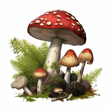 realistic forest clipart, lady bug, mushroom, pine, leaf, seed