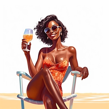 Clipart african American woman, brown skin, smiling, sitting on a chair looking at the ocean at a sunny beach in her bikini with a glass of wine in her hand, well rendered, hyper realistic, sunny beach, 4 K resolution