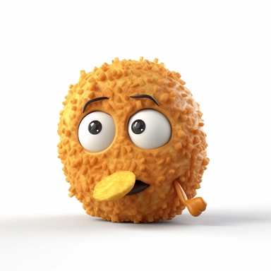 cute fried Nugget character. Nugget, cartoon, eye, illustration, funny, character, fast food, food, unhealthy, cute, face, fun, goofy, three-dimensional , Clipart, white isolated background, space out, hd, 8k, realistic