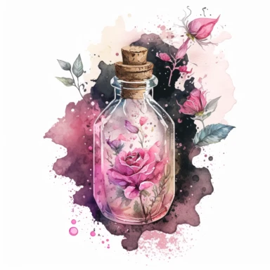a vial of potion with roses insides, white and pinkes vibes, watercolor clipart
