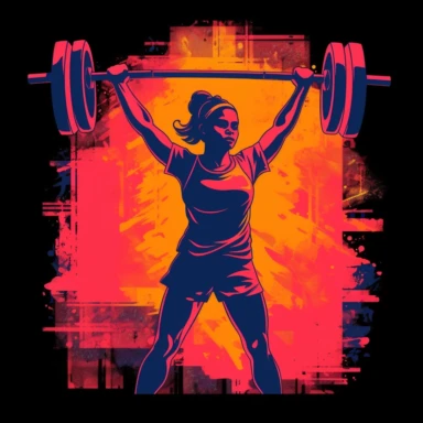 T shirt design, female olympic weightlifting lifting the barbell above head, gym, equipment, lights, clipart