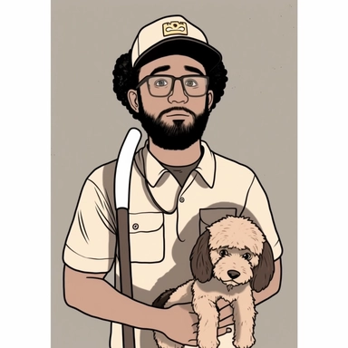 , a kids coloring page of sweet eyes handsome bearded baseball player holding a baseball bat with a small super cute sweet eyed poodle symmetrical attention to detail clipart full body