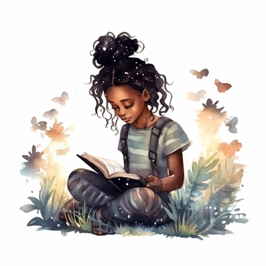 Watercolour Black teenage girl Reading Clipart, braids, forest library, surronded by fireflies, reading in a fort, Girl Studying Clipart, Book Lover , Student Clipart, Reading Png,Bookworm, hd, white background, spaced out, pastel colors, cartoon realism details--ar 3:2