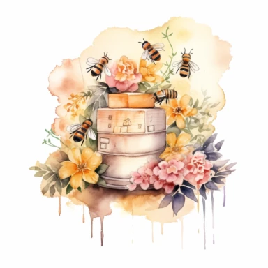 a watercolored clipart styled bee hive with bees flying around it and flowers sitting around it