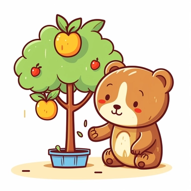 Clipart of a cute brown bear planting Apple tree kawaii style full multicolor white background