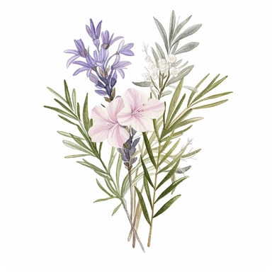 Design a dreamy watercolor clipart of japanese-inspired twine-tied Sprigs of rosemary and lavender arranged in a rustic and aromatic centerpiece composition, hand-painted with soft and graceful brushstrokes. Draw inspiration from the artistic finesse of Ethereal Petals Watercolors for a refined and ethereal depiction. isolated on a white background, hand-drawn illustration, hand-painted watercolor texture, 16k UHD resolution, intricately detailed, sharp focal points, designed by Ana Victoria Cal