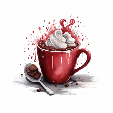a big cup of hot cocoa, clipart in the style of mixed media elements, dark red and light gray, babycore, advertising art, dau al set, iso 200, lively illustrations