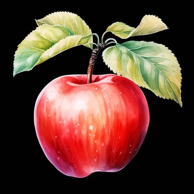 Watercolor apple hanging from a tree clipart, white background, realistic with high details, beautifully colored with strong palette pastel colors, 32k hd