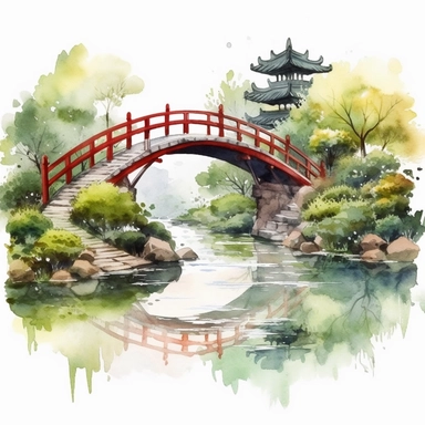 watercolor colorful clip art chinese garden with bridge, on white background,