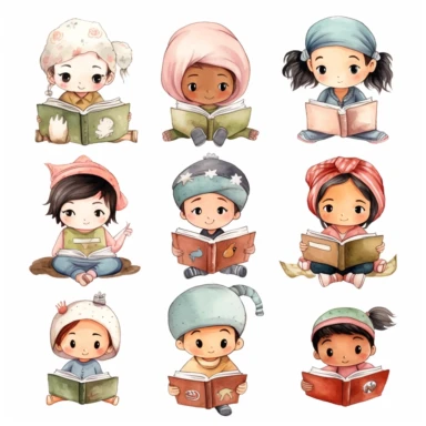 Many different nationality Cute little children reading a book, folk art, watercolor, clipart elements, kawaii, white background