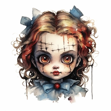 a headshot showing the scary face of a possessed doll, watercolor, ultra high-detail, dark outlines, clipart