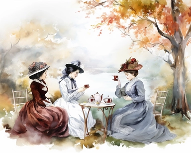 complex watercolor illustration of four victorian women/ladies having a Garden Tea party in a euphoric autumn landscape, cottagecore, in KARL MARTENS style isolated,concept,art,8k,hd,watercolor,detailed,white backround,clipart
