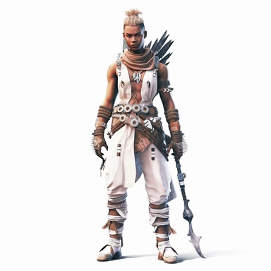 lean, white young male, full body shoot, tribal clothing made from recycled materials 1000years into the future post ecological evolution. unreal game engine style, different poses, detail, clipart, white background, one of a kind--ar 16:9